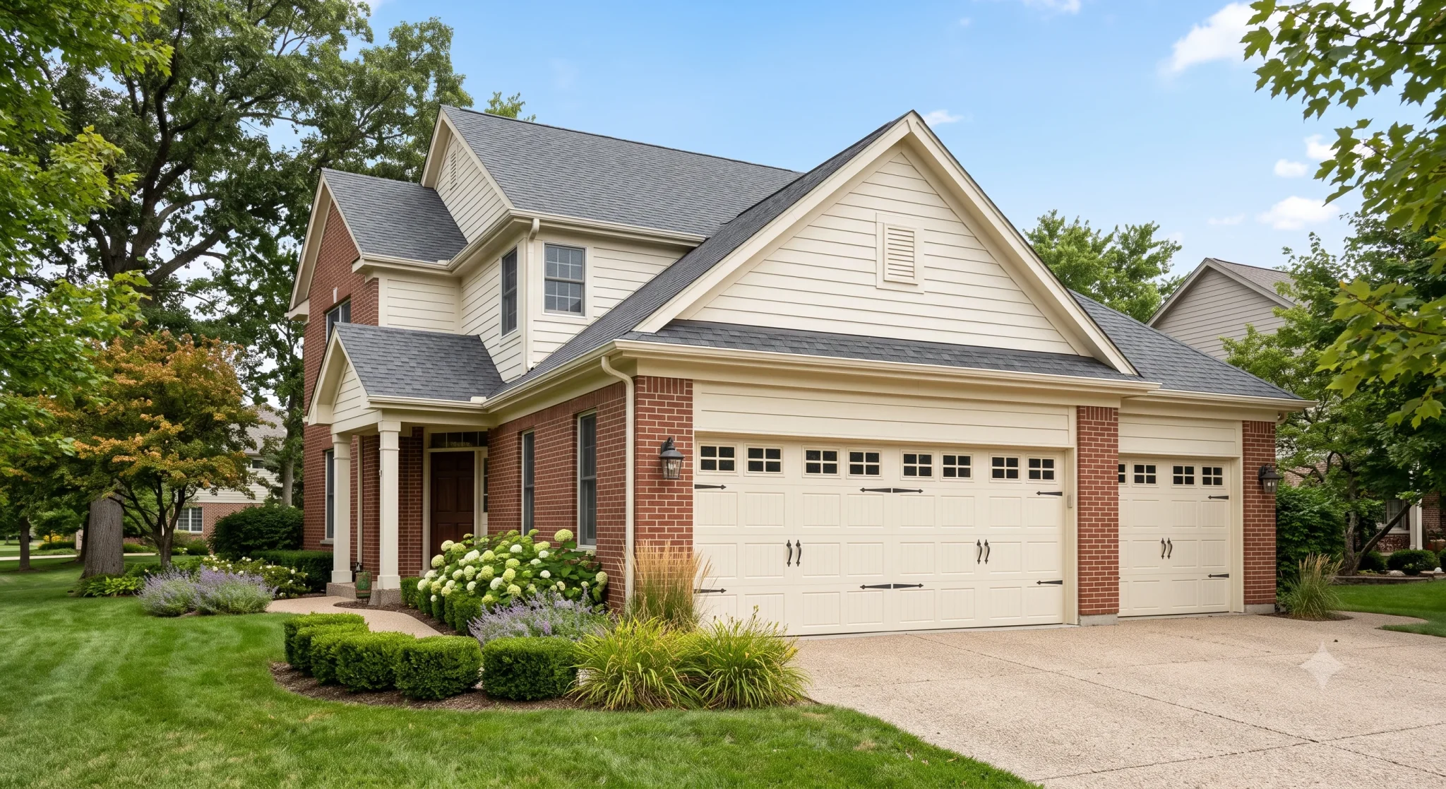 A two-story brick and siding home featuring elegant cream-colored carriage style garage doors with decorative black handles and window panels