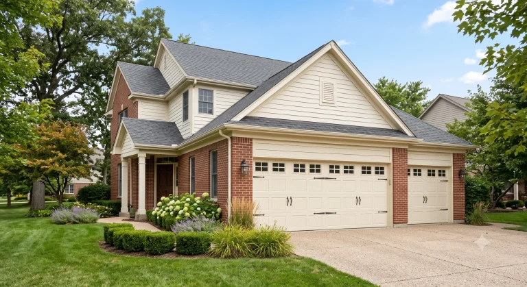 A two-story brick and siding home featuring elegant cream-colored carriage style garage doors with decorative black handles and window panels