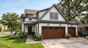 A beautiful two-story white craftsman home featuring elegant wood-stained garage doors carriage style with black hardware and top window panels